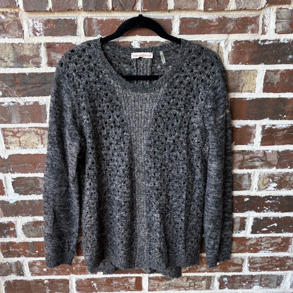 Rebecca Taylor Wool Blend Loose Weave Sweater Charcoal Gray Crew Neck Size L